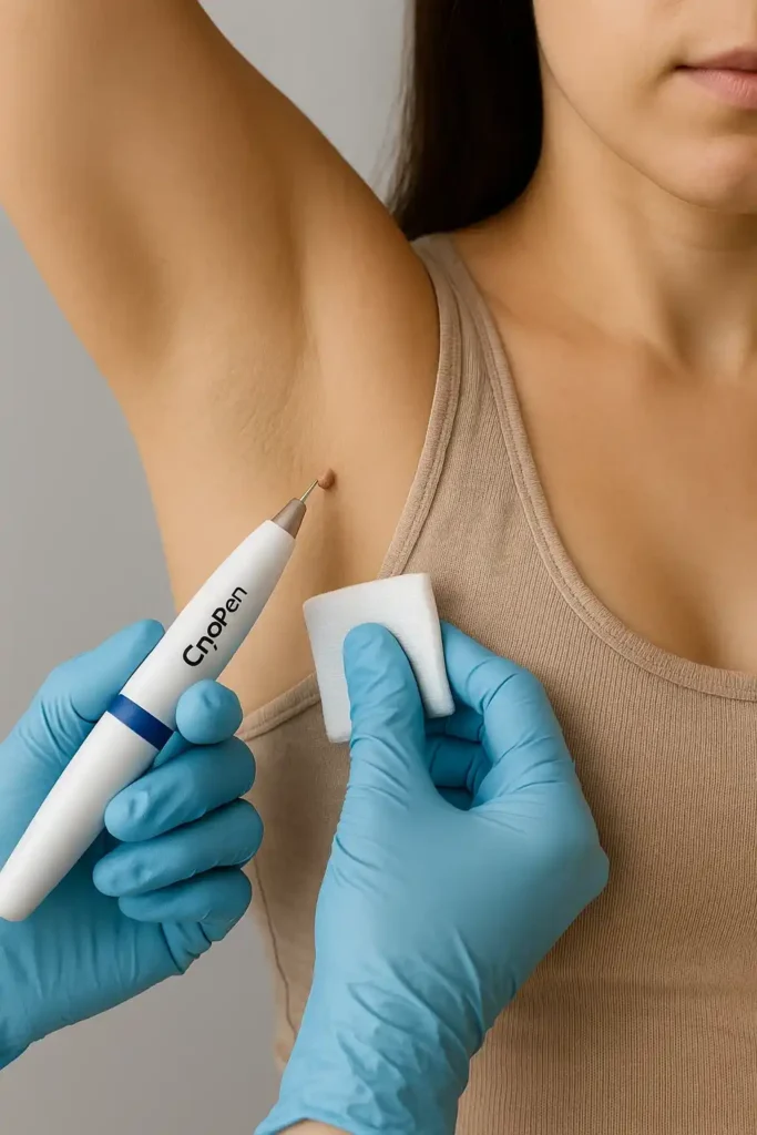 woman having cryopen to remove underarm skin tags Shepherd's Bush