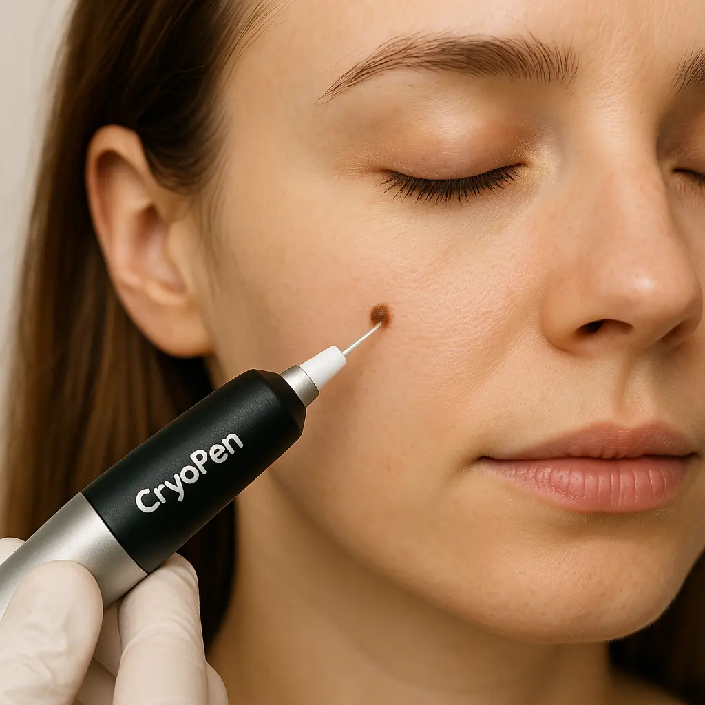 woman receiving facial mole removal Shepherd's Bush using cryopen 