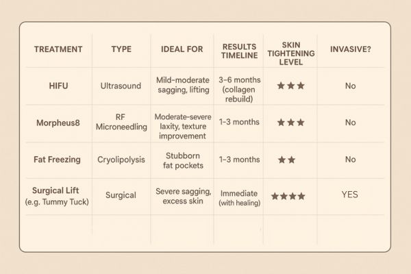 Table showing the comparisons of Skin tightening Shepherd's Bush treatment options. 